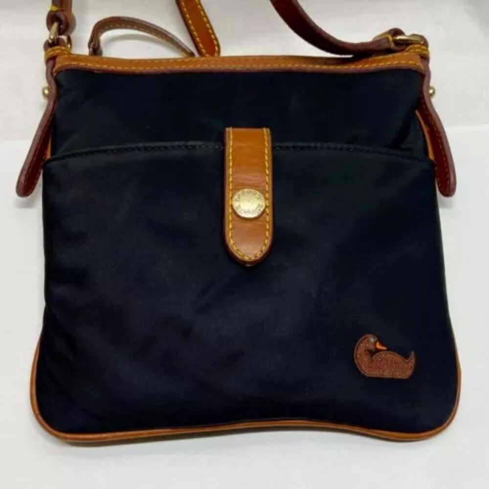 Dooney & Bourke Shoulder Bag Crossbody Black Nylon Brown Leather Trim Duck Logo